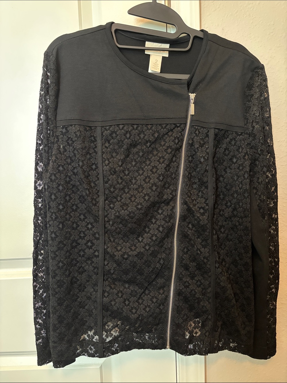 Chico’s Black Lace Zip-Front Jacket Moto Emo Goth Lace sz 2 (L)